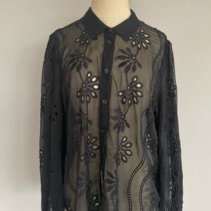 Adrianna Papell Black Sheer Embroidered Button-Down Blouse